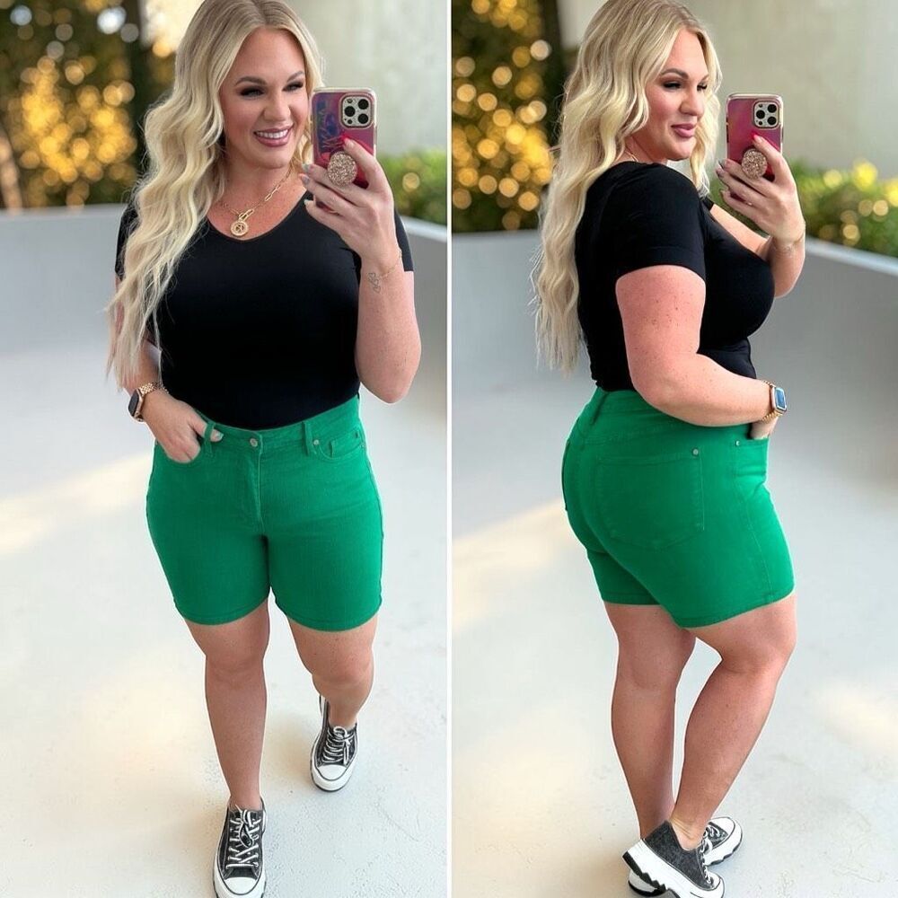 Judy Blue Shorts Green High Rise Tummy Control Cuffed Garment Dyed Stretch Denim - Picture 5 of 16